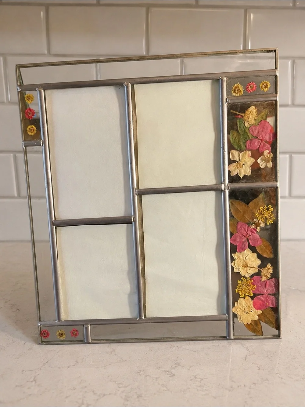 Vintage Leaded Glass Pressed Flower Collage Picture Frame Cottagecore 11 x 8.5